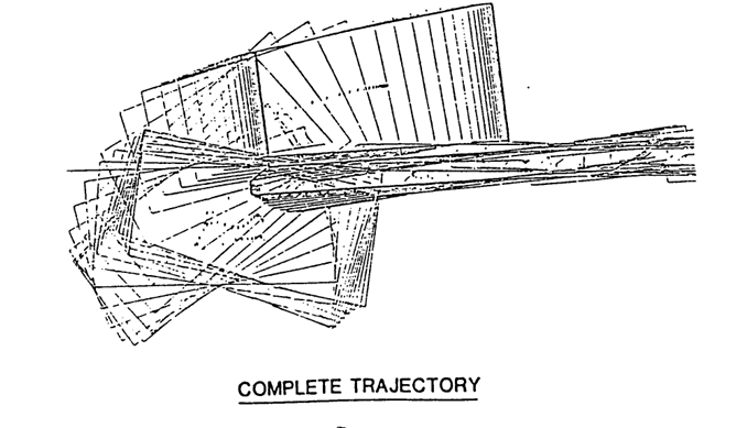 Complete trajectory of a steel jacket during launch from a barge