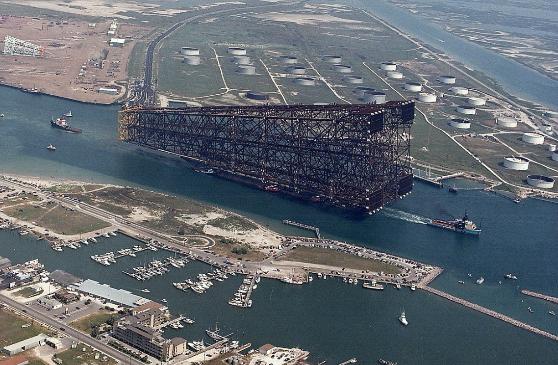 Bullwinkle offshore jacket under tow through a coastal channel