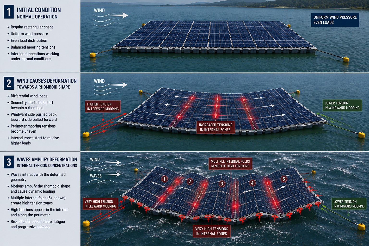 Conceptual sequence showing wind and wave driven deformation and changing tension paths in a floating PV array.