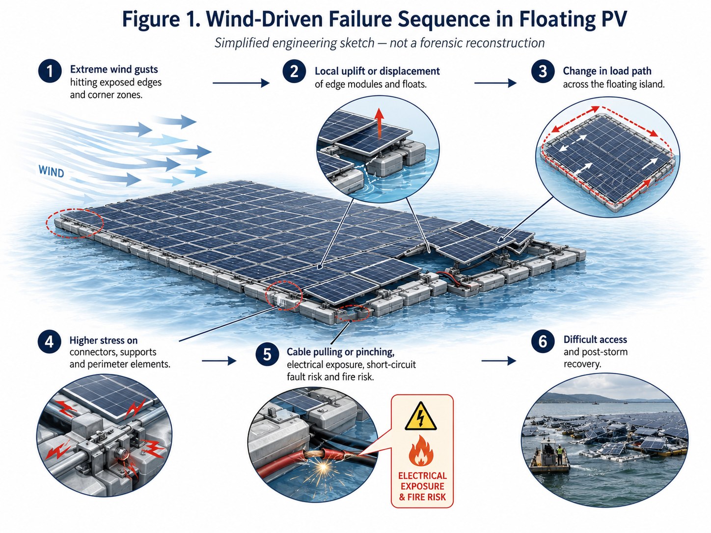 Simplified wind-driven failure sequence in floating PV, including mechanical, electrical and recovery consequences.